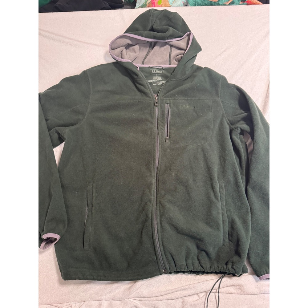 LL Bean Mens Full Zip Fleece Hoodie Forest Green Large Hooded Jacket Pocket